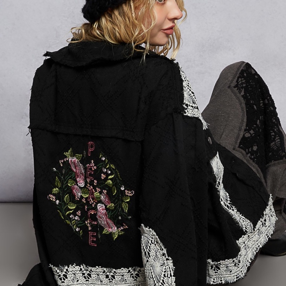 New POL Clothing Twill Jacket Shacket Embroidered Peace Floral Lace Button Down - Picture 3 of 8